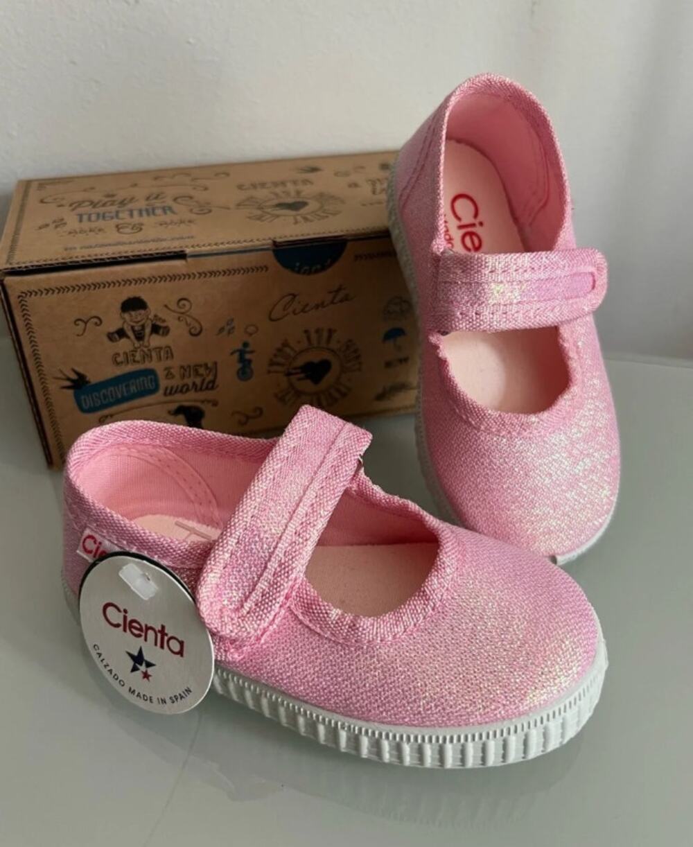 Cienta Kids Girls Mary Jane Sneakers 6 22 NWT Glitter Silver Pink Sparkle